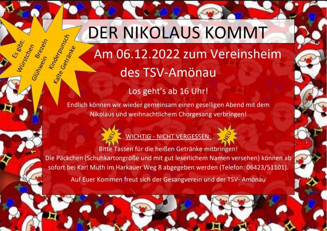 Der Nikolaus kommt am 06.12.2022 zum Vereinsheim des TSV Amönau