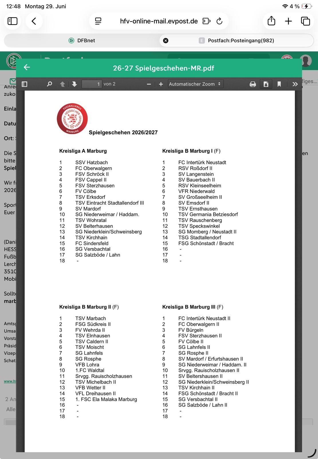Einteilung Kreisliga A+B 2026/27